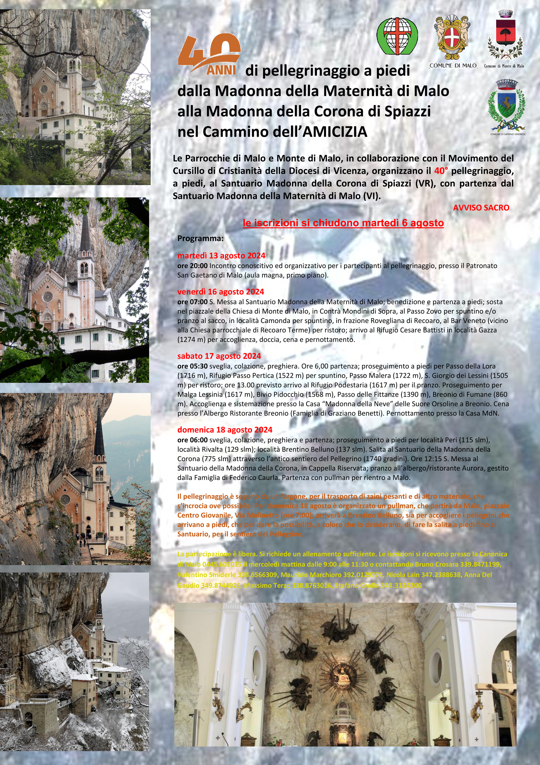 40° pellegrinaggio a piedi dalla Madonna della Maternità di Malo alla Madonna della Corona di Spiazzi nel Cammino dell'AMICIZIA