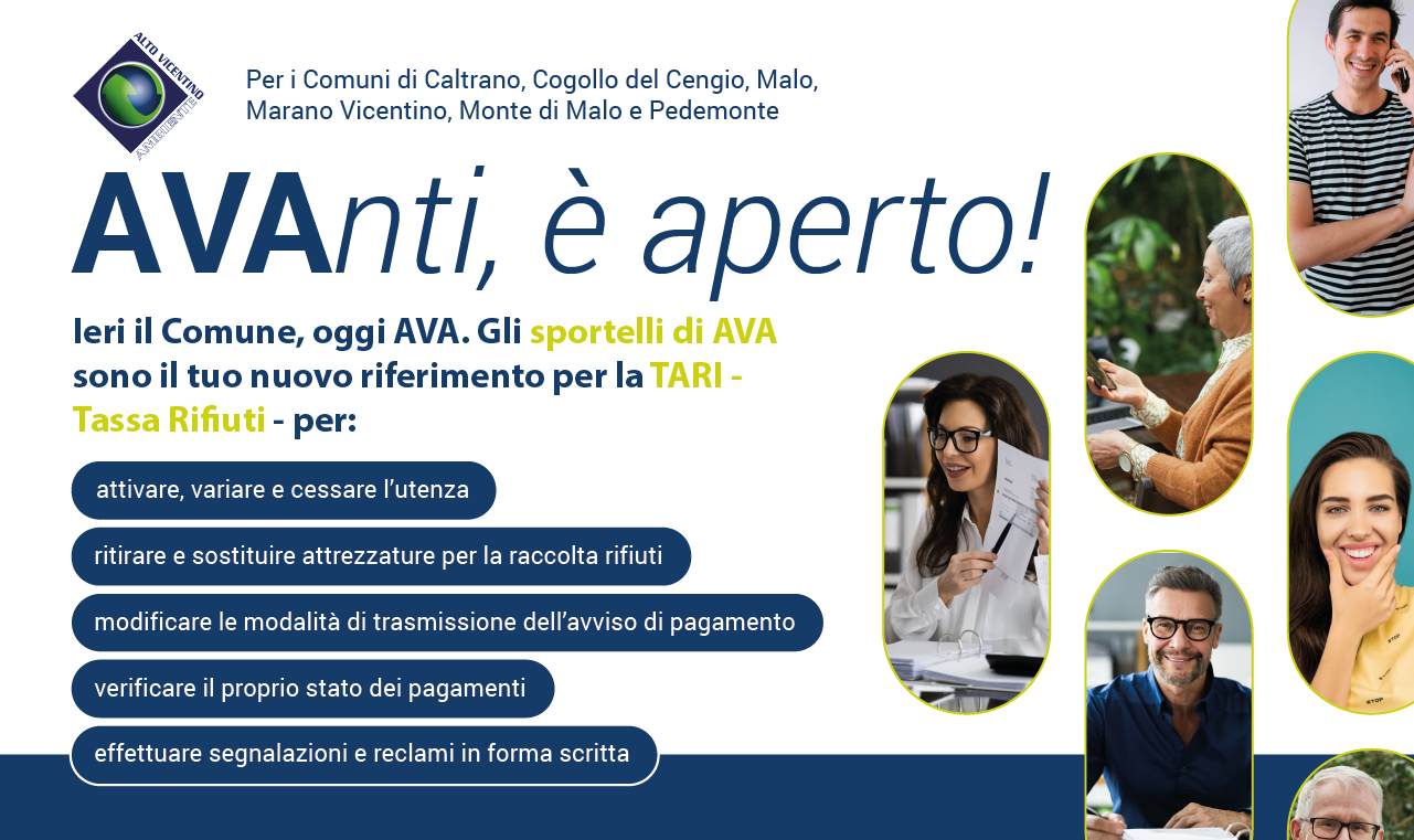 Da novembre 2023, AVA subentrerà progressivamente ai Comuni soci nella gestione della TARI – tassa rifiuti – e del rapporto con gli utenti.